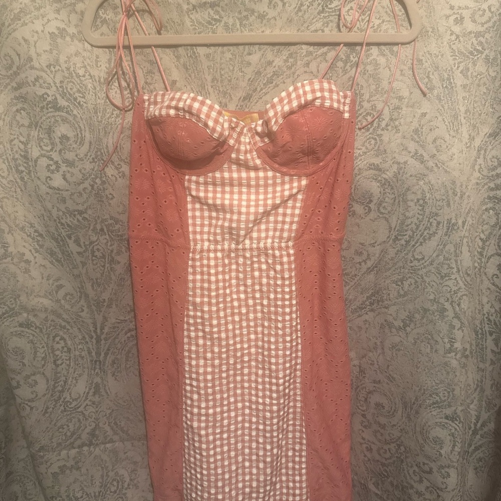 Urban Outfitters Pink Eyelet & Gingham Slip Dress